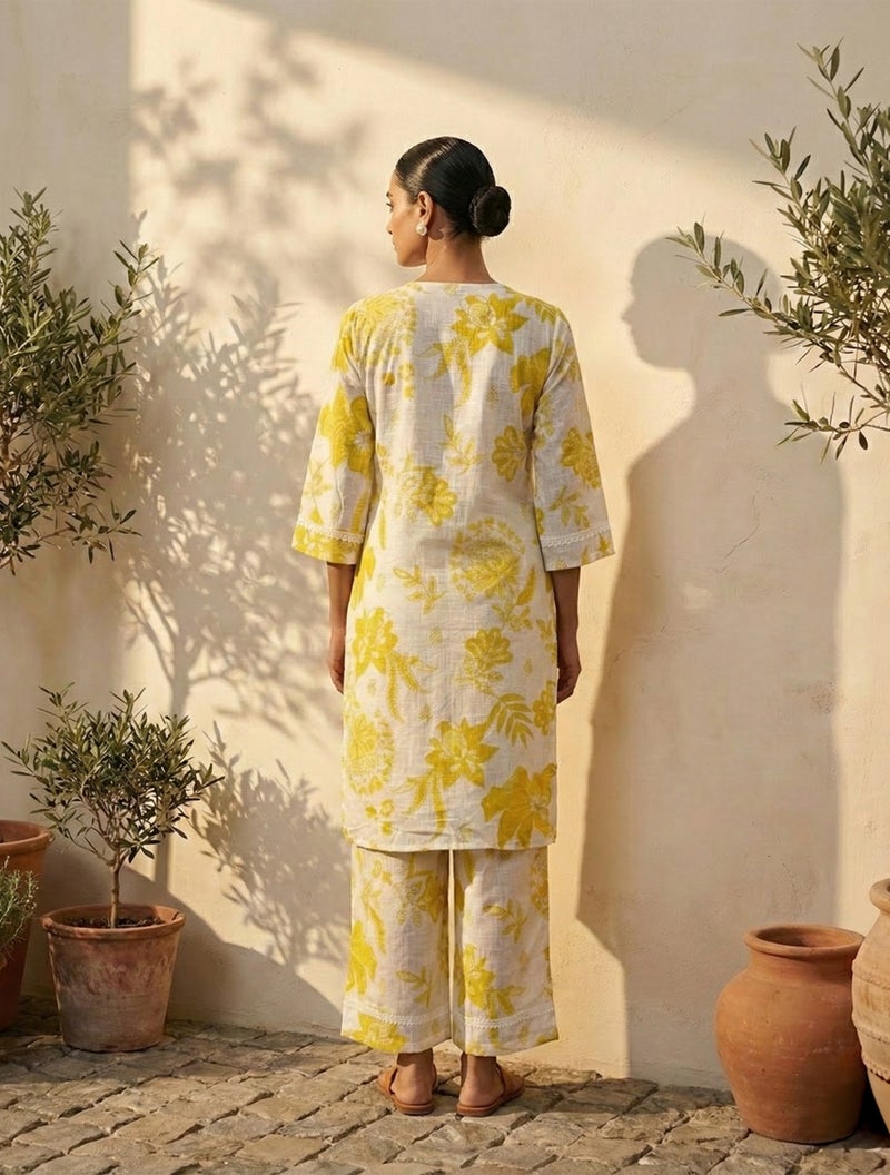 trueBrowns White Yellow Floral Print Kurta Pant Set - Image 2